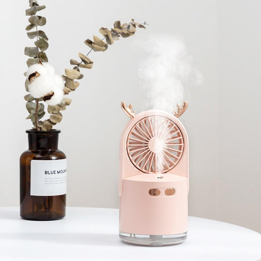 3-in-1 Deer USB Rechargeable LED Desktop Air Humidifier 3 Speed Cooling Fan Elegant humidifier Face Steamer Hydrates skin Spray